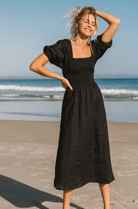 Women's Sweetheart-Neck DressesVOYAGE Midi Dress - black linen