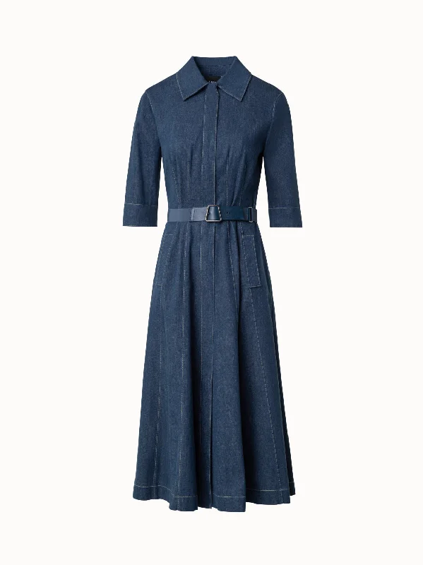 Women's Mandarin-Neck DressesCotton Denim Midi Shirt Dress