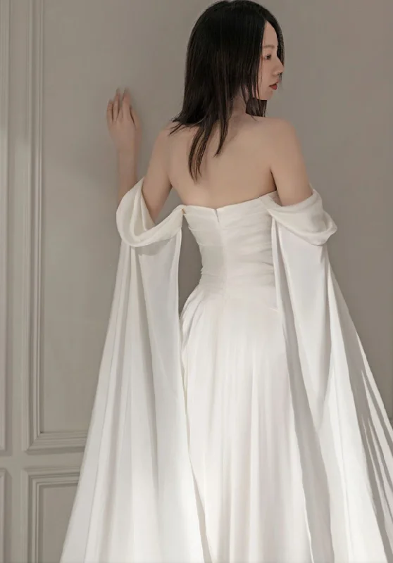 Women's Narrow Collar DressesWhite long evening gown off shoulder birthday party dress   S6833