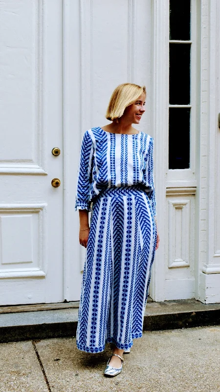 Women's High-Waisted SkirtsHanley Midi Skirt Blue and White Woven