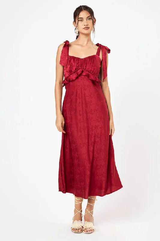 Women's Collarless DressesRed Tie Shoulder Ruffle Midi Dress