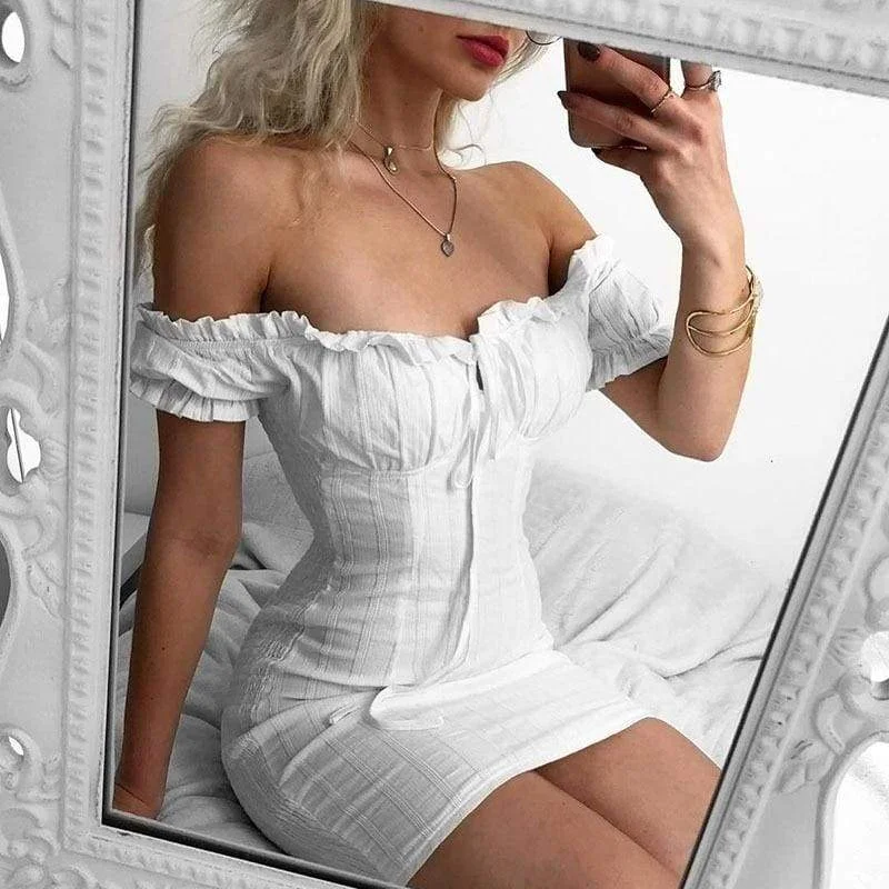 Women's Sleeveless DressesFashionSierra - White Sexy off shoulder Ruffles bodycon bandage mini dress