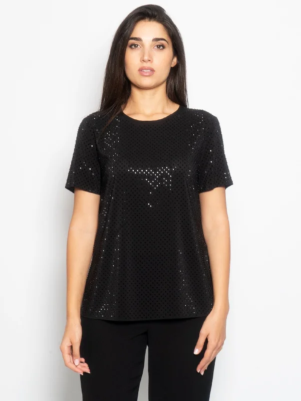 Women's Blouse with Square CollarT-shirt con Strass Applicati Nero