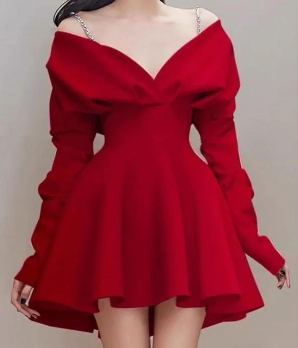 Women's Collarless DressesRed Short Party Dress, Birthday Outfits     S6845