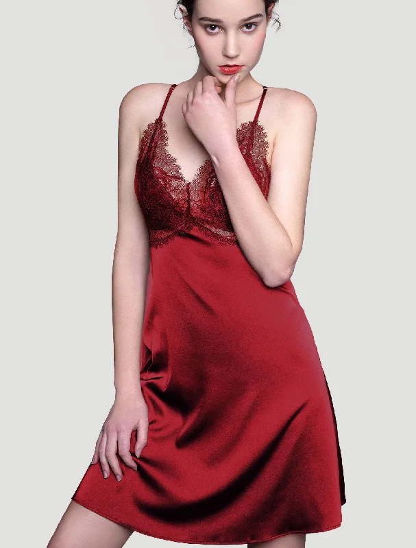 women's pajamas with a touch of eleganceShiny Eyelash Lace Trim Satin Slip Dress