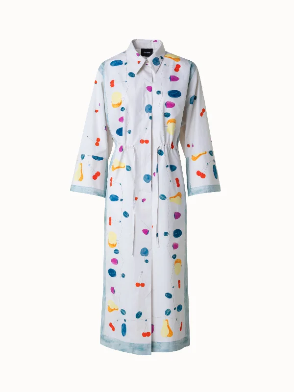 Women's High Collar DressesCotton Midi Shirt Dress with Fruits Print