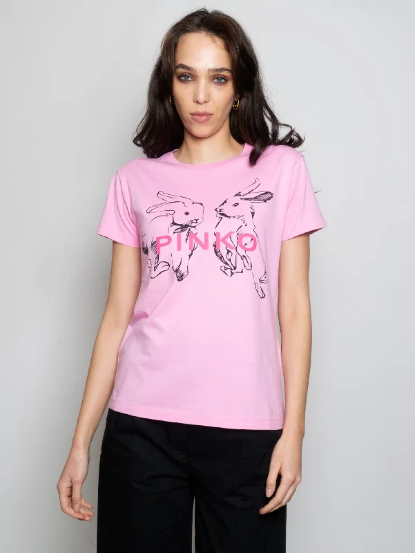 Women's Blouse with U-Shaped CollarT-shirt Con Stampa Rabbit Rosa