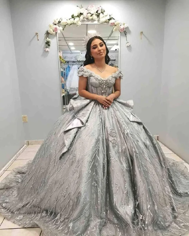 Women's Wrap DressesSilver Off Shoulder Crystal Quinceanera Dresses Birthday Party Ball Gown    S6782