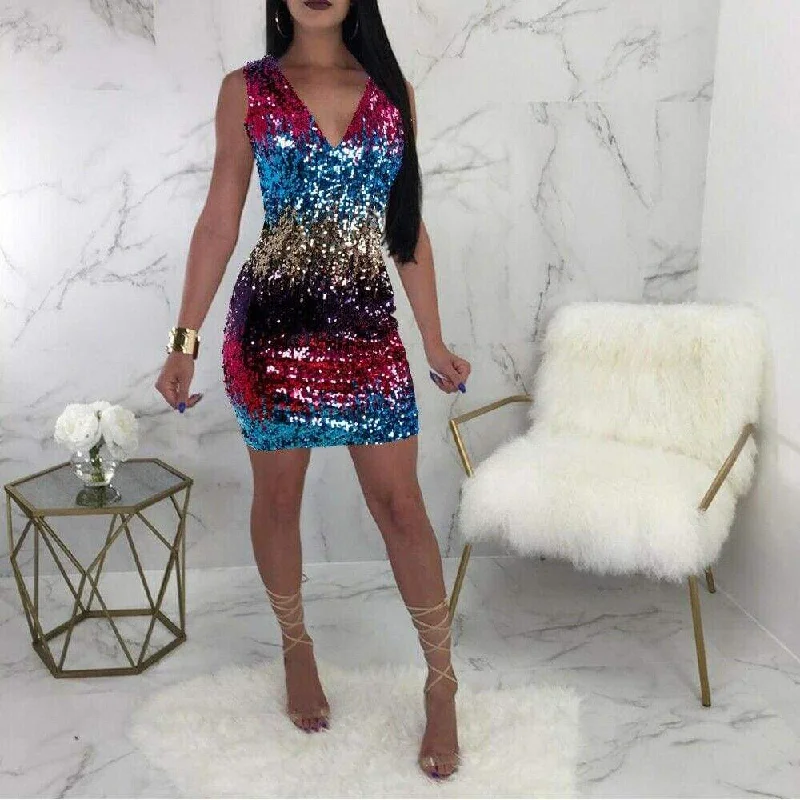 Women's Keyhole-Neck DressesFashionSierra - Fashion Women Summer Sleeveless V-Neck Bodycon Sequin Party Short Mini Dress Ladies High Waist New Sexy Party Dress