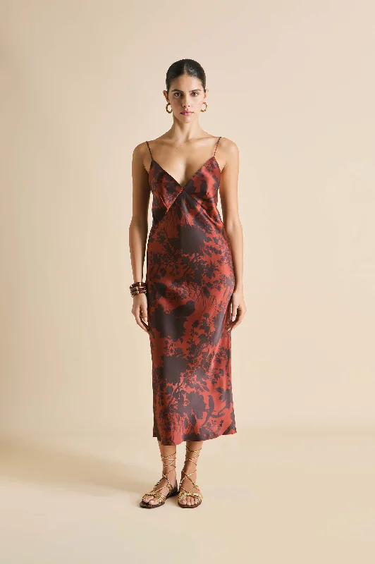 women's pajamas featuring floral embroideryIssa Lalanne Burgundy Floral Slip Dress in Silk Satin