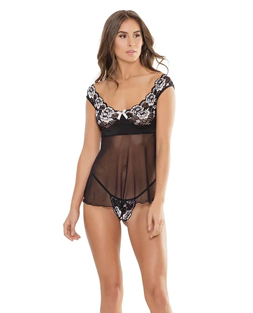 seamless underwire braClassic Scallop Stretch Lace & Mesh Babydoll & G-string Black-white Md