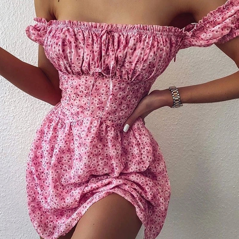 Women's U-Back DressesFashionSierra - 2024 Elegant Off-Shoulder Floral Mini Dress Boho Dress