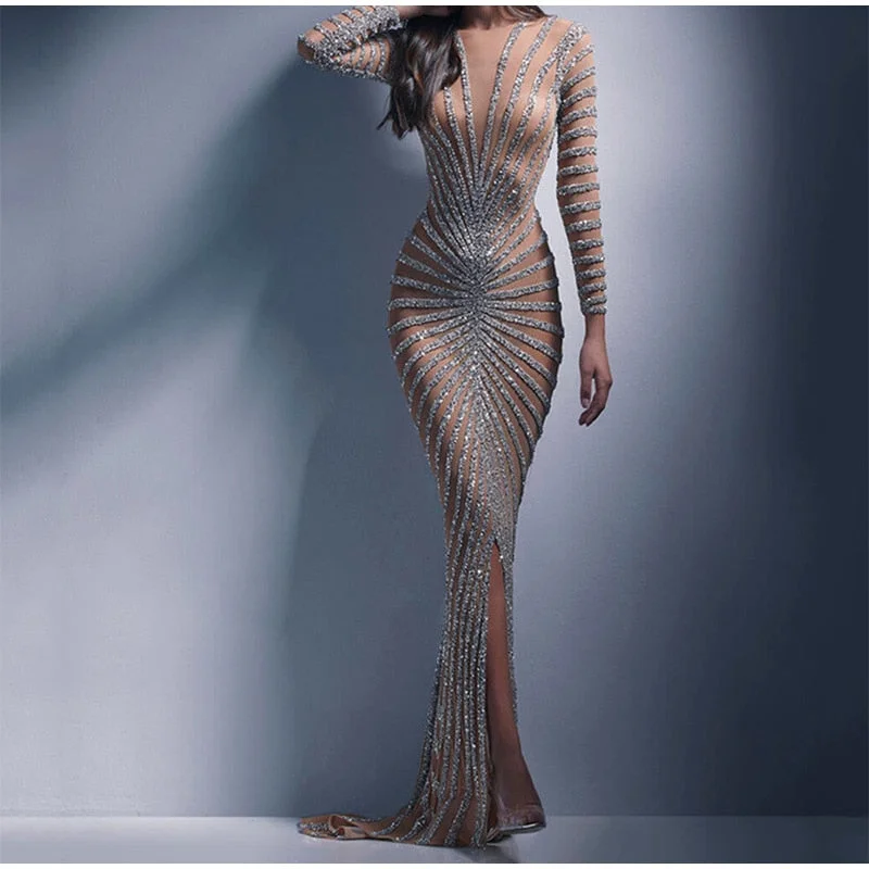 Women's V-Shaped Collar DressesFashionSierra - Mesh Sequins Split Fishtail V Neck Long Sleeve Maxi Dress