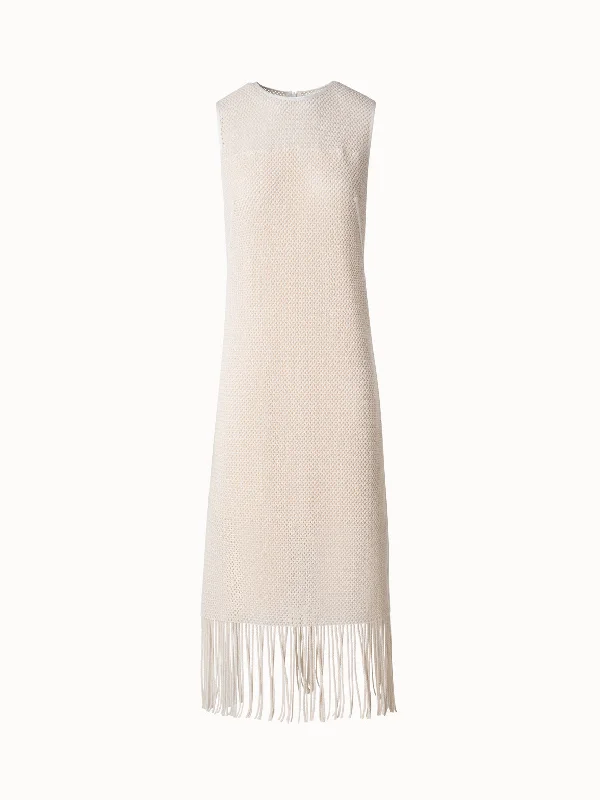 Women's Collarless DressesMidi Dress in Cotton Mesh with Fringes