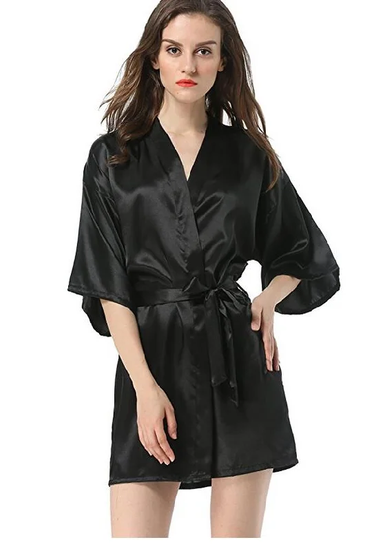 ladies' silk pajama topsNew Black Chinese Women's Faux Silk Robe Bath Gown Hot Sale Kimono Yukata Bathrobe Solid Color Sleepwear S M L XL XXL NB032