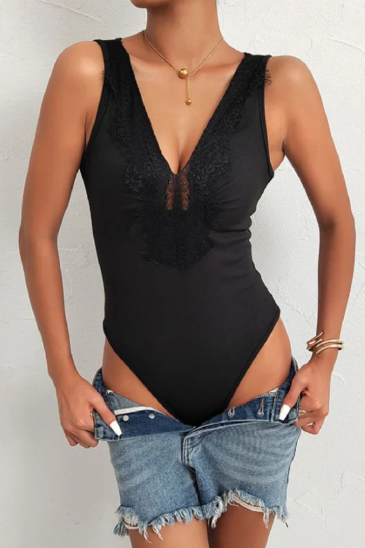 lightweight shapewear for warm weatherSpliced Lace Deep V Sleeveless Bodysuit