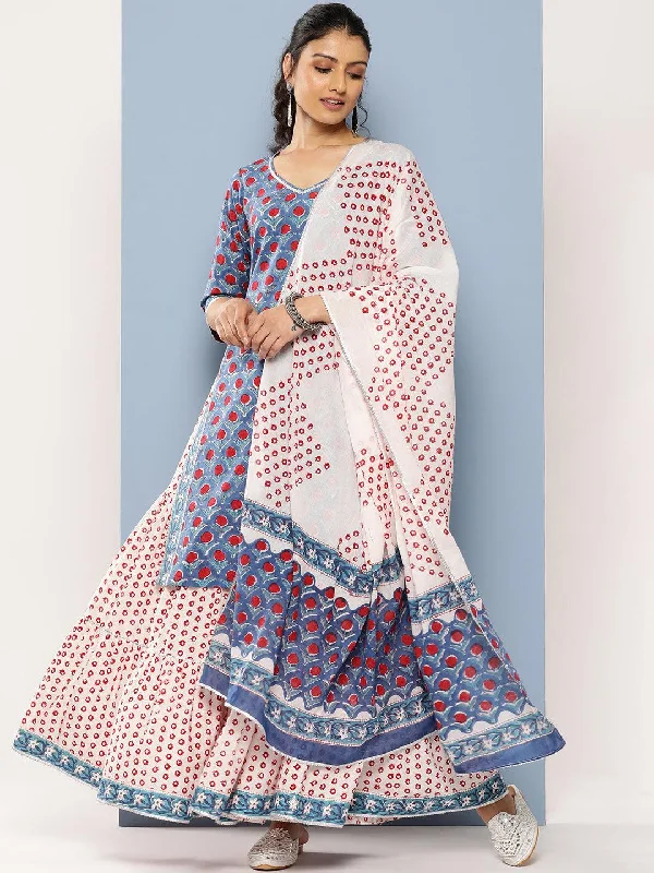 Women's Classic SkirtsBlue Printed Cotton Straight Kurta With Skirt & Dupatta