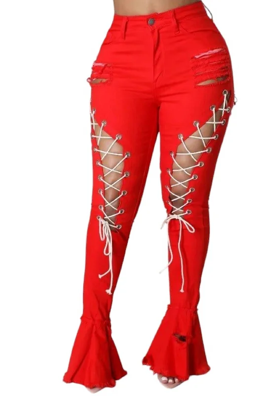 Women's Straight-Leg PantsLace Up Jeans In Red