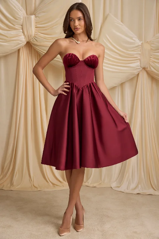 Women's Sweetheart-Neck DressesStrapless Corset Midi Dress in Wine Red