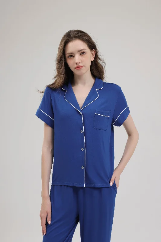 elegant women's satin pajamasSignature Cropped Pyjamas Shirt in Sunset Blue