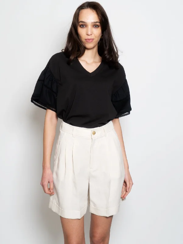 Women's Blouse with Mid-LengthT-shirt con Maniche Corte Volant Nero