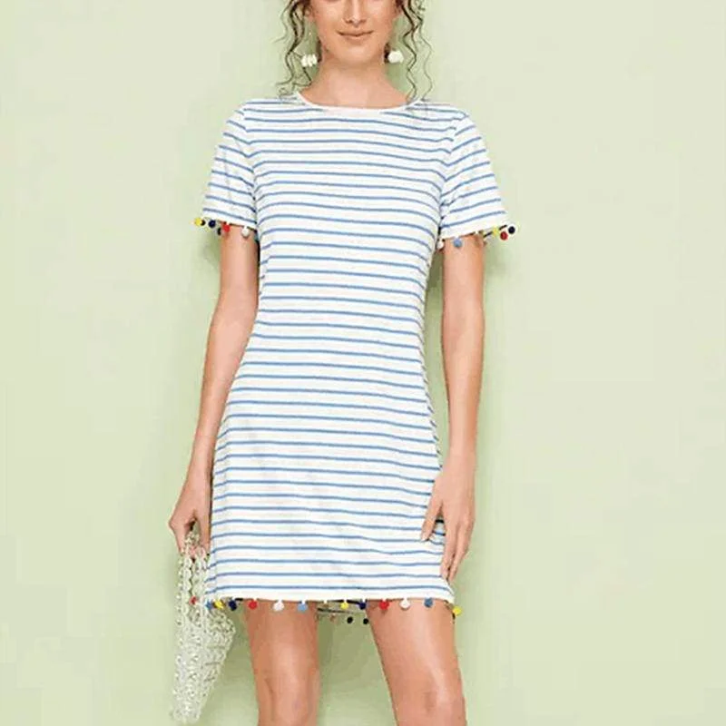 Women's High-Low DressesFashionSierra - New Women Short Sleeve Mini T-shirt Dress Summer Ladies Casual Round Neck Striped Tassel Loose Beach Sundress