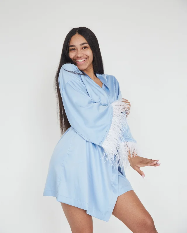 women's pajamas for those who love comfortSilk light blue wedding day robe with feather for stylish bride and bridesmaids