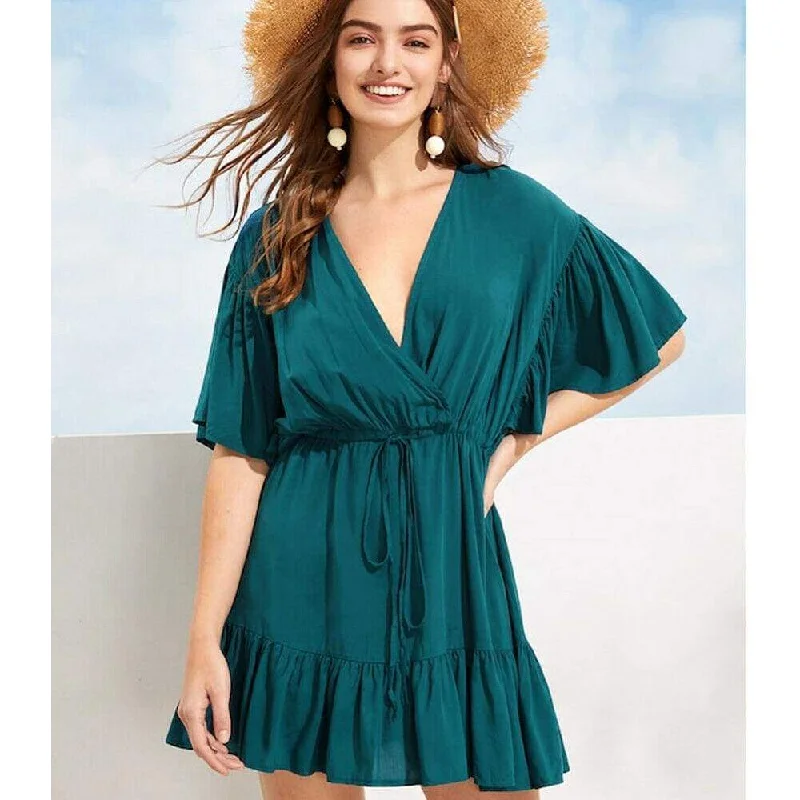 Women's Fit and Flare DressesFashionSierra - New Women Green V-neck Frill Mini Short Dress Ladies Short Sleeve Fashion Summer Beach Skater Slim Sundress