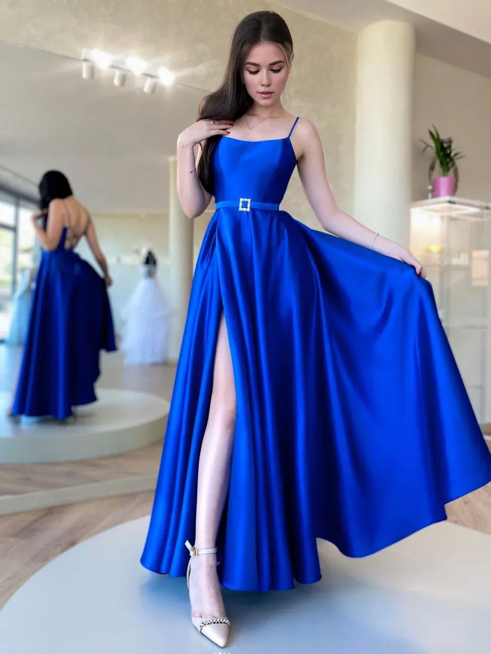 Women's Collarless DressesAmzcw Simple Blue Satin Long Prom Dresses Blue Formal Party Dress prom dress in store