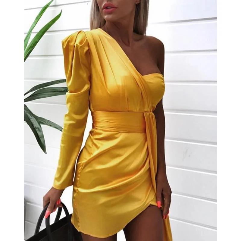 Women's Sweetheart Collar DressesFashionSierra - One off shoulder ruched design irregular dress women Strapless plunging summer mini dress club party yellow vestidos femme