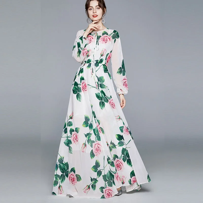 Women's Narrow Collar DressesFashionSierra - Maxi Dresses Women's Long Sleeve Print Elastic Waist Holiday Elegant Long Dress