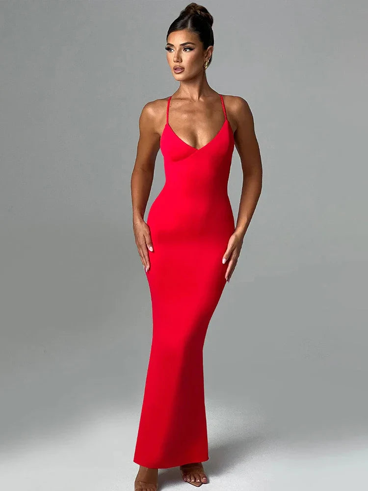 Women's Rounded-Neck DressesBodycon Elegant Long Spaghetti Strap Backless Sexy Spring Summer Maxi Dress