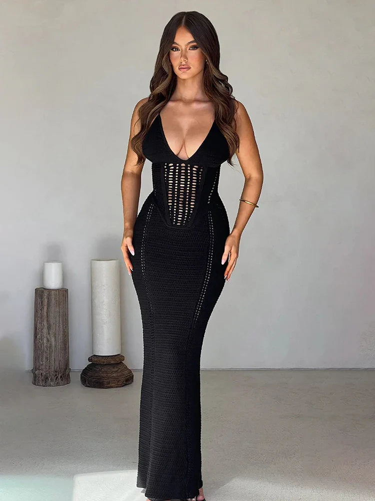 Women's Pleated DressesKnitted Bodycon Spaghetti Strap Spring Summer Backless Nightclub Sexy Party Maxi Dress