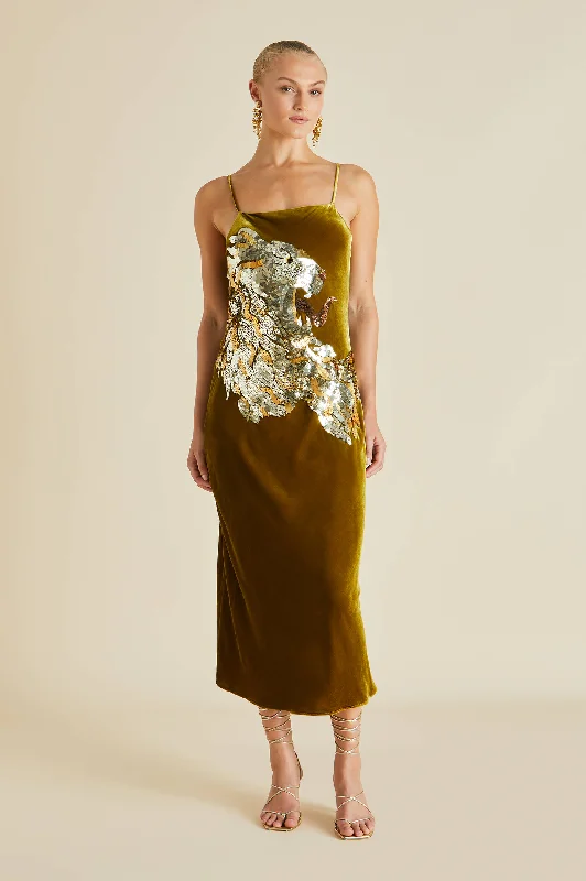 women's pajamas with a sophisticated eleganceIcon August Gold Embellished Slip Dress in Silk Velvet