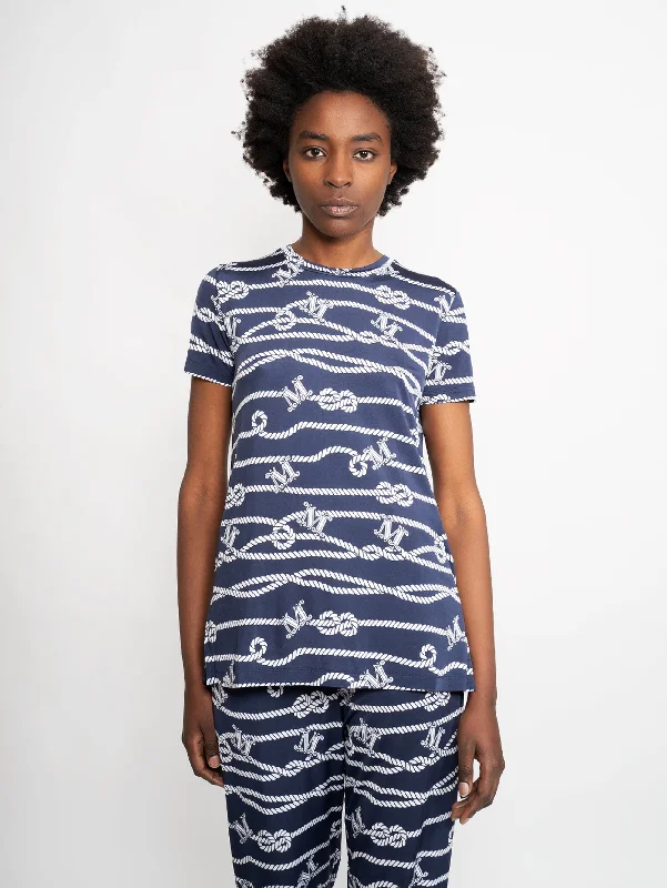 Women's Blouse with Keyhole CollarT-shirt in Viscosa Stampata Blu