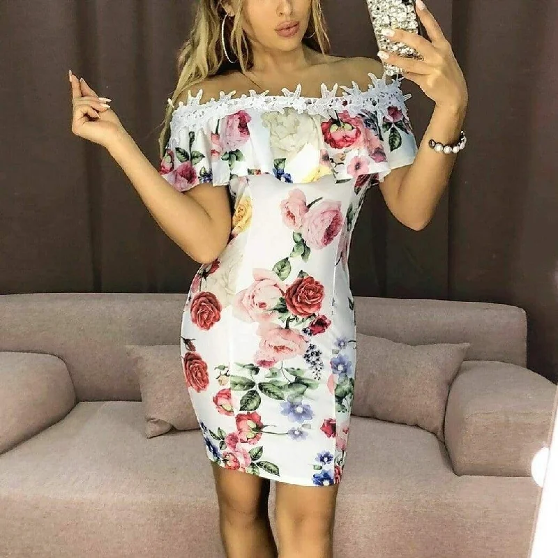 Women's Rounded Collar DressesFashionSierra - New Fashion Women Dresses Floral Print Off Shoulder Dress Ruffles Slash neck Sexy Summer Beach Bodycon Mini Sundress