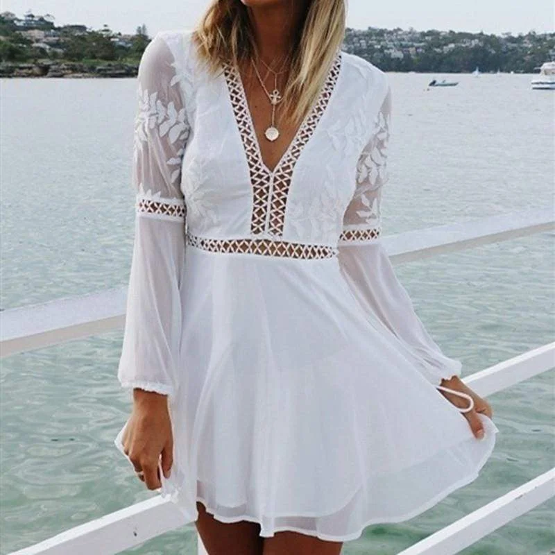 Women's Long-Sleeve DressesFashionSierra - Women Chiffon White Long Sleeve Lace V-neck Long Sleeve Party Evening Cocktail Short Mini Dress