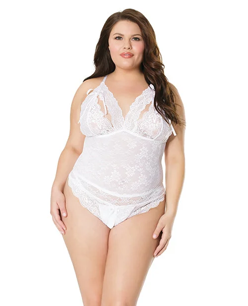 plus-size demi-cup bra with lace overlayStretch & Scallop Lace Crotchless Teddy White Os-xl