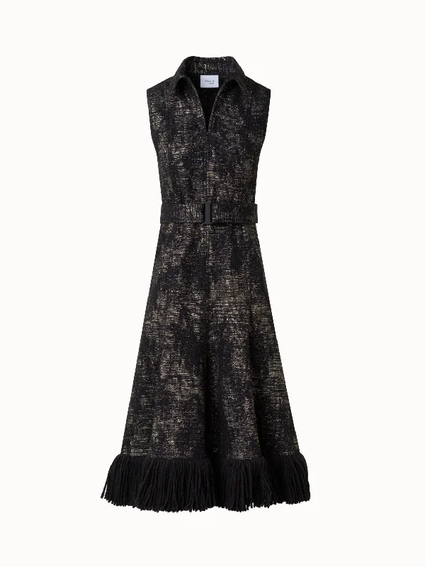 Women's Keyhole Collar DressesJacquard Midi Dress with Fringes