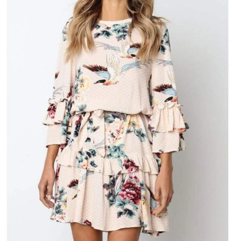 Women's Cut-Out DressesFashionSierra - Women Autumn Spring Elegant Vintage Floral Ruffles Mini Dress Chsinese Printed Casual Dress