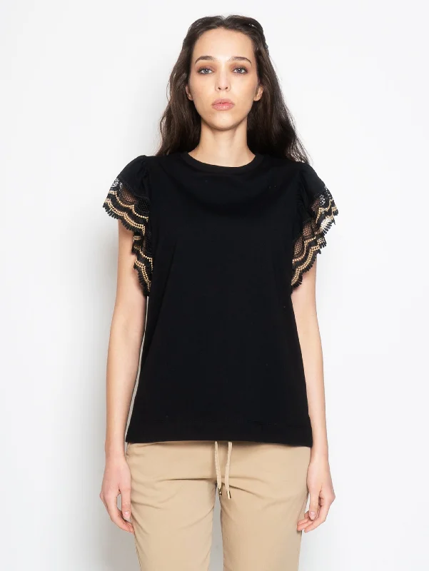 Women's Blouse for HolidayT-shirt con Maniche con Bordi in Pizzo Nero