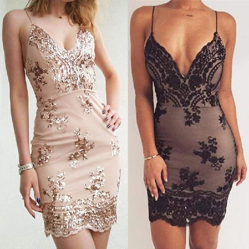 Women's Tiered DressesFashionSierra - Summer Women Dress Spaghetti Strap V Neck Sequined Lace Bodycon Dresses Sleeveless Party Evening Vestidos Femme Short Mini Dress