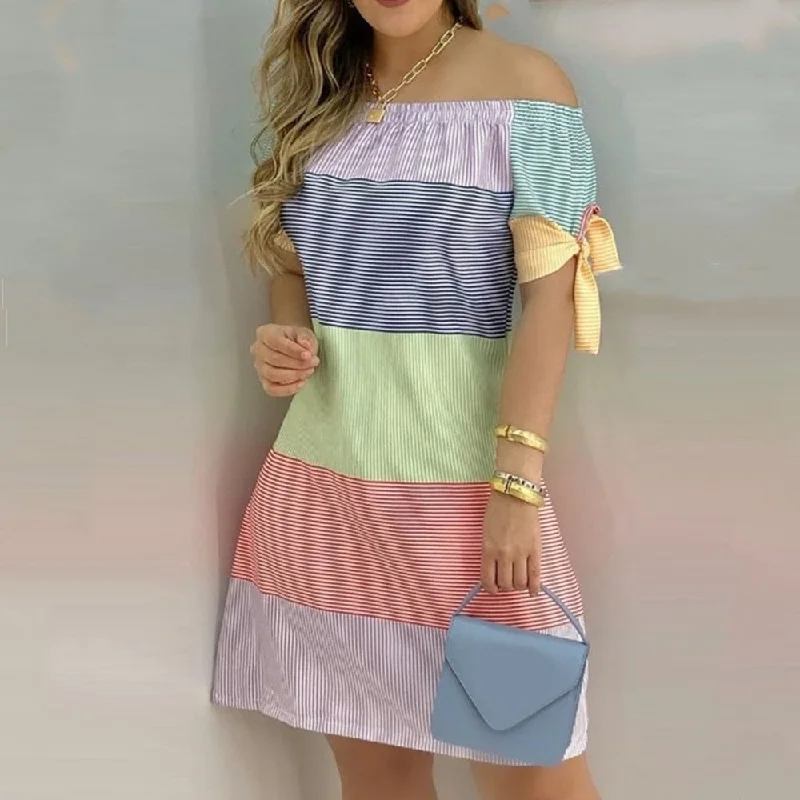 Women's Wide-Neck DressesFashionSierra - Women Off Shoulder Summer Mini Dress Short Sleeve Bow Tie Striped Plaid Floral Vestidos