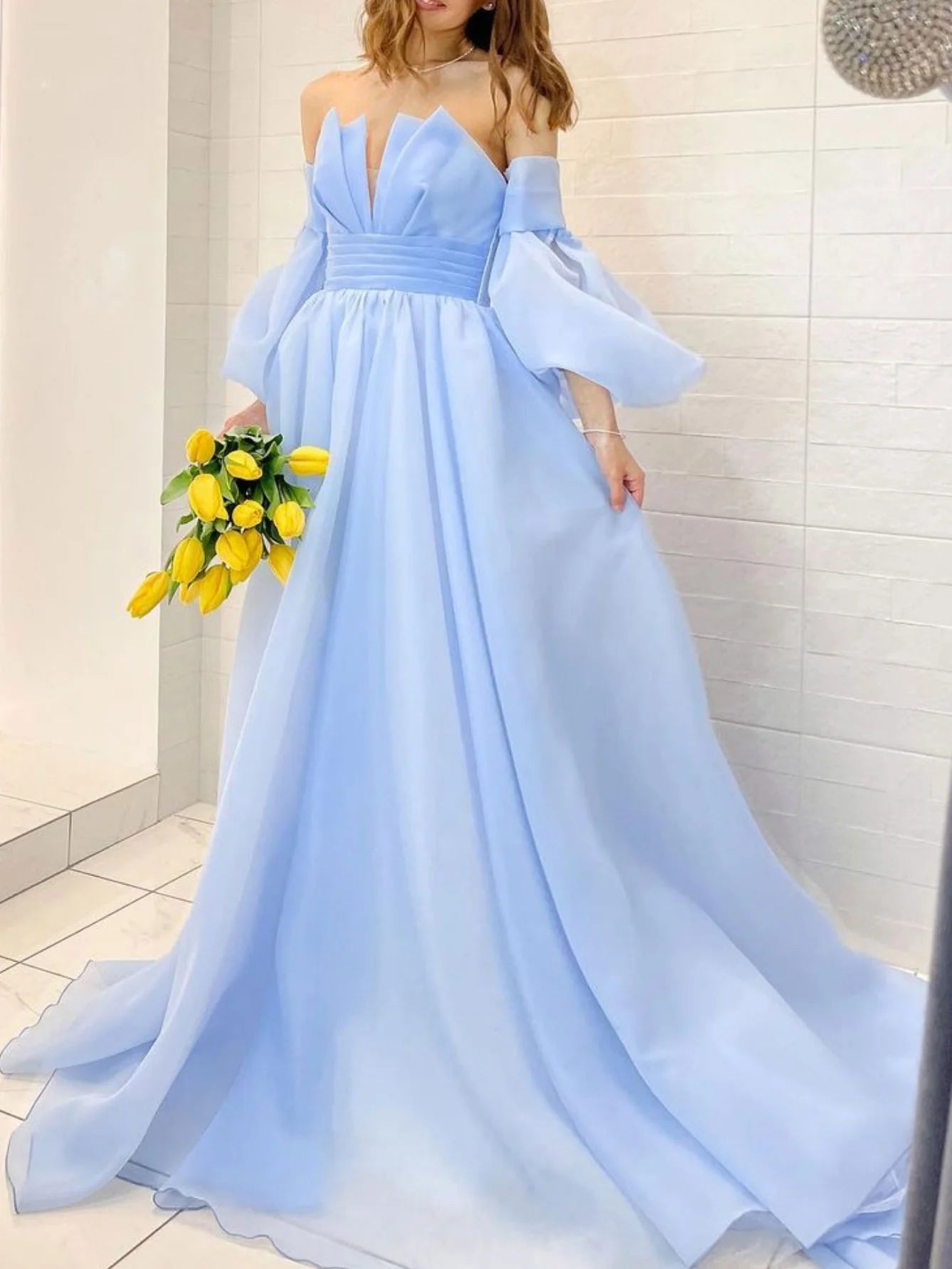 Women's Mandarin Collar DressesAmzcw Aline Organza blue long prom dress puff sleeves blue long formal party dress prom dress in store