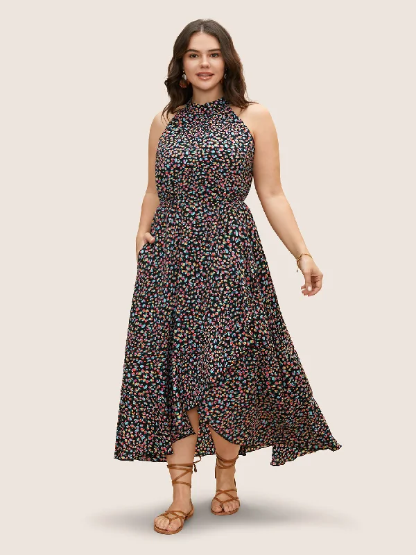 Women's Rounded Collar DressesAllover Print Halter Neck Wrap Hem Dress