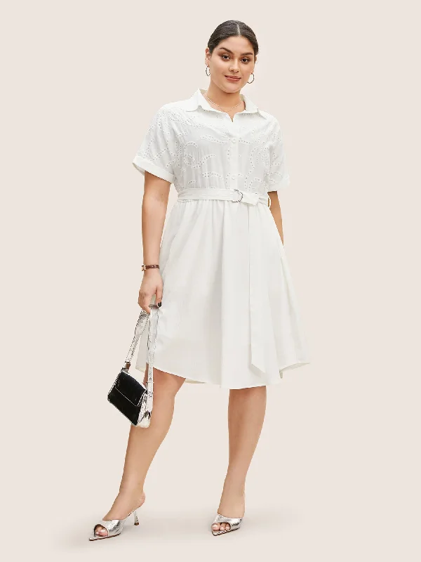 Women's Mini DressesBroderie Anglaise Shirt Collar Belted Dress