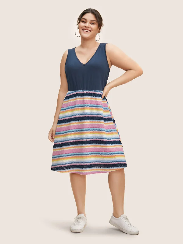 Women's Maxi DressesContrast Striped Patchwork Sleeveless Knit Dress