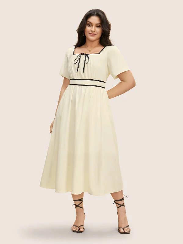 Women's Peter Pan Collar DressesContrast Trim Tie Knot Elastic Waist Dress