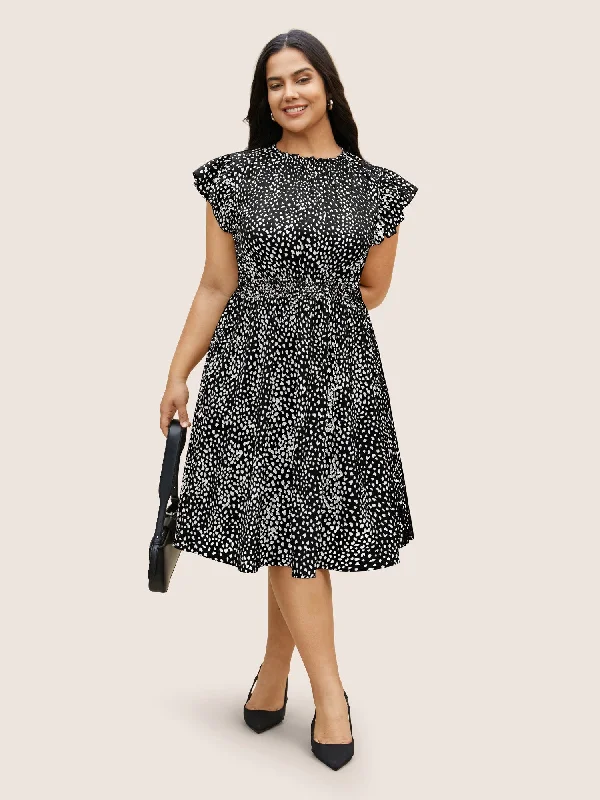 Women's Lapel Collar DressesLeopard Print Frill Trim Cap Sleeve Dress