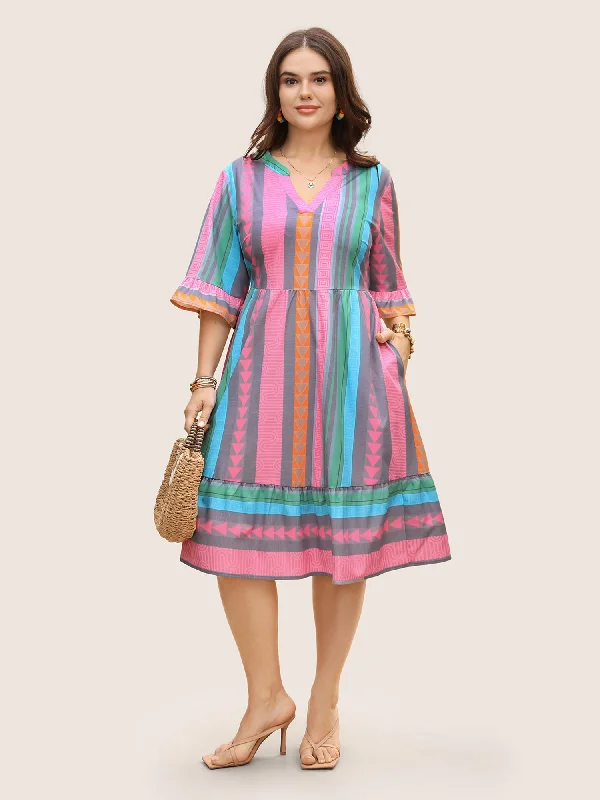 Women's Shawl Collar DressesNotched Collar Geometric Striped Ruffle Sleeve Dress